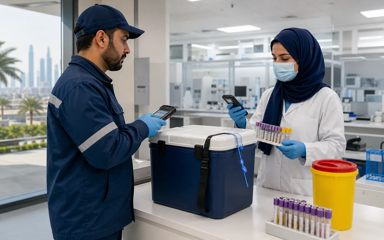 Medical courier and laboratory specialist scanning diagnostic samples during a secure chain-of-custody handoff