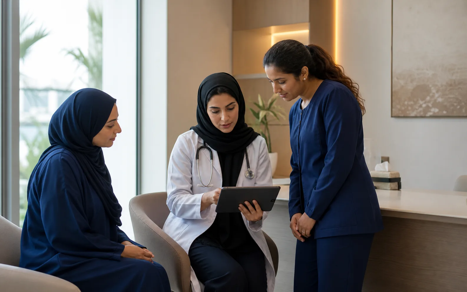 Clinician and care team reviewing a connected patient journey in a modern UAE clinic