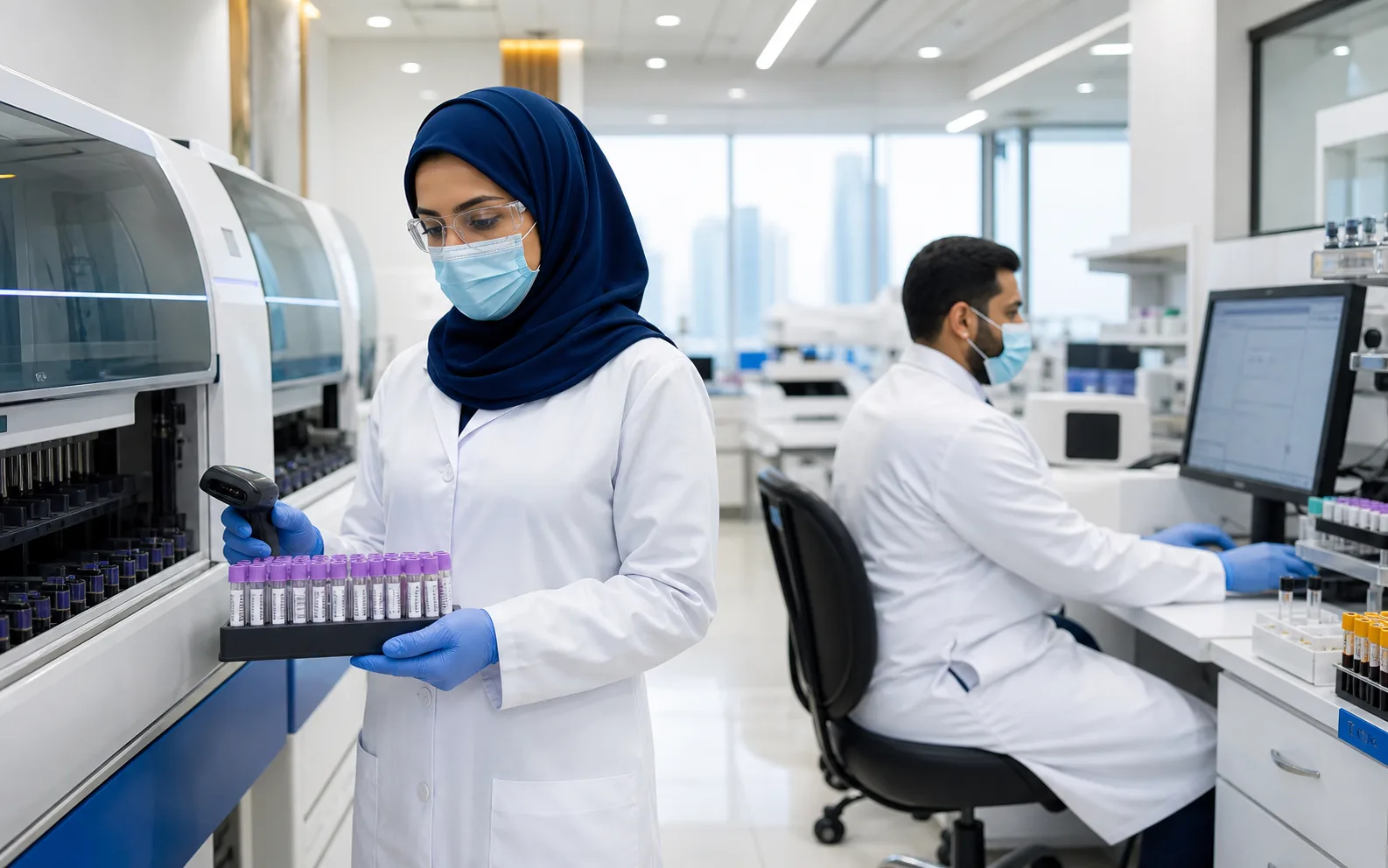 Laboratory specialists managing samples and diagnostic workflows in a modern UAE laboratory