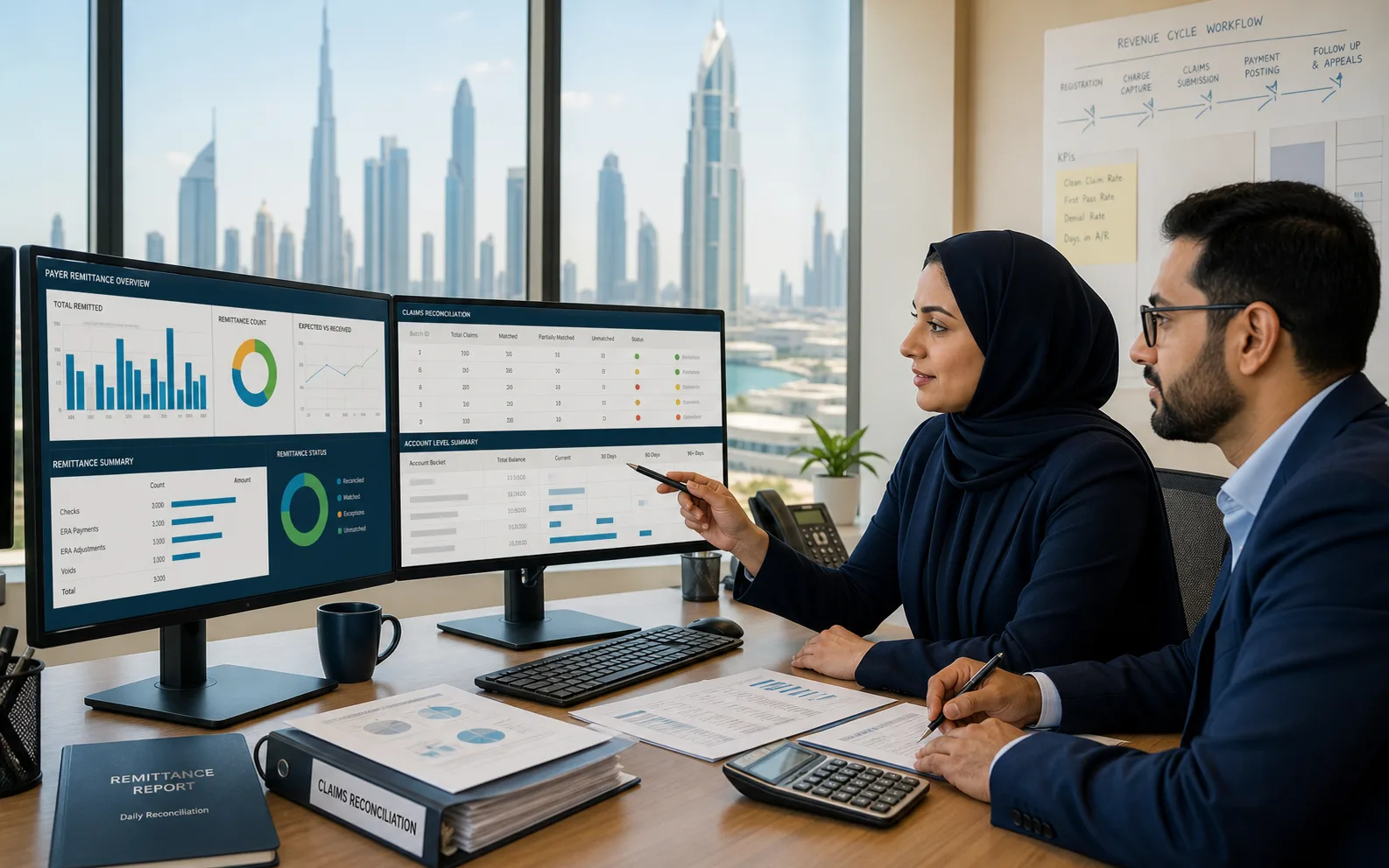 Healthcare revenue-cycle specialists reviewing insurance remittance and claims reconciliation reports in Dubai