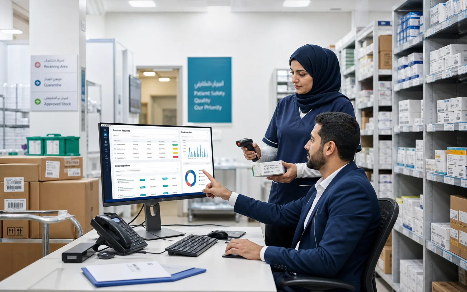 Healthcare procurement manager and medical store specialist reviewing stock and scanning inventory