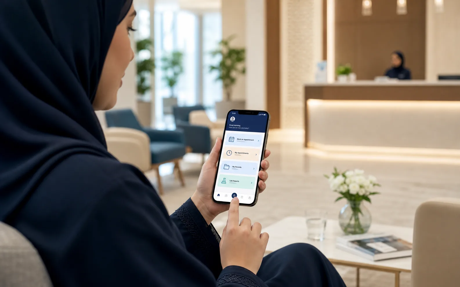 Patient using a mobile application to book appointments and access clinical records and lab reports